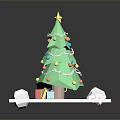 Decorated Green Christmas Tree With Yellow Star Colorful Ornaments And Gift Boxes On White Platform