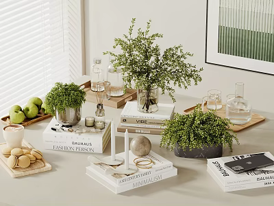 Modern Decorative Ornament Set With Green Plants Books And Glass Vessels 3d model