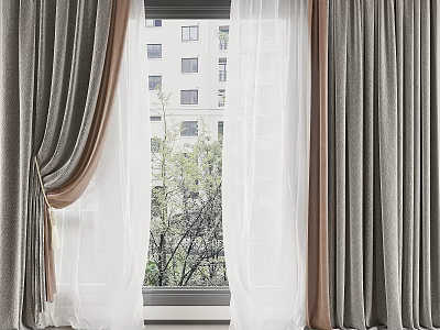 Elegant Window Curtains With Sheer White Layers And Gray Brown Drapes Showing Trees Outside 3d model