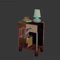 Wooden Side Cabinet With Green Geometric Pattern Door Woven Detail And Table Lamp