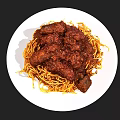 Delicious Spaghetti With Meat Chunks And Tomato Sauce On White Plate