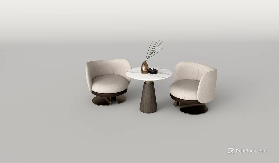 Casual Sofa Set with Two Beige Armchairs Round Marble Top Coffee Table and Modern Vase Decoration 3d model 