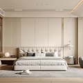 Modern Bedroom Interior Design With King Size Bed Beige Striped Headboard Gray Rug And Armchair