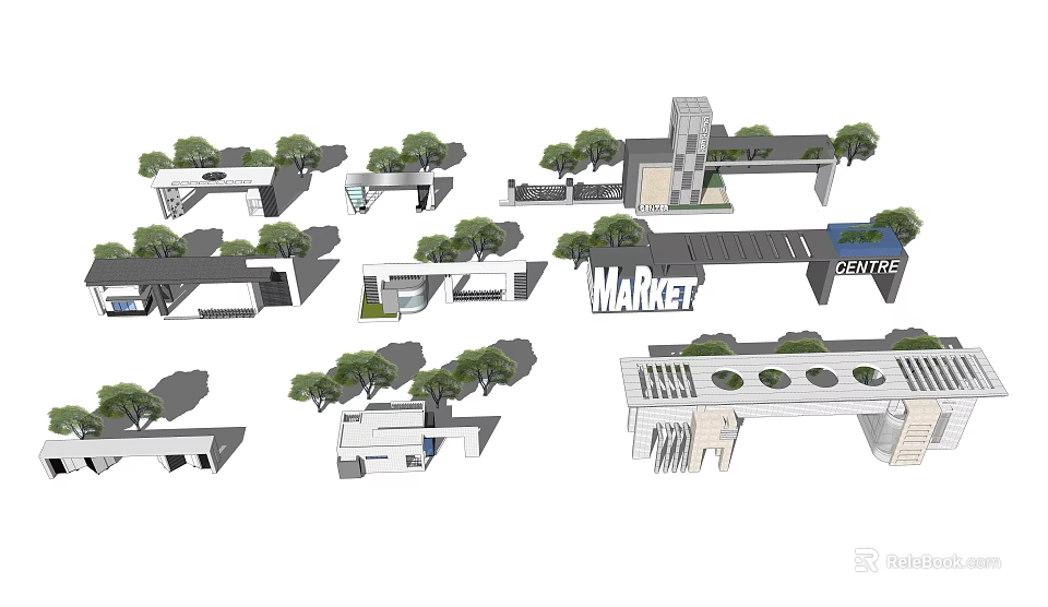 Modern Entrance Gate Design For Market Center With Geometric Structure And Green Plants 3d model 