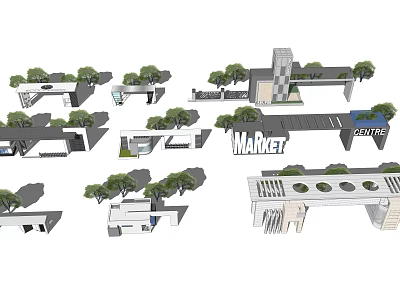 Modern Entrance Gate Design For Market Center With Geometric Structure And Green Plants 3d model