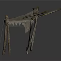 Primitive Tent Structure With Crossed Wooden Poles And Tattered Fabric Cover