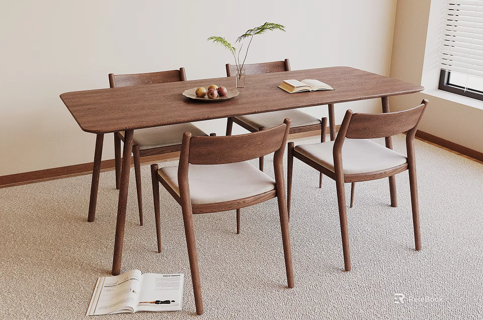 Rectangular Wooden Dining Table With Four Upholstered Chairs Fruit Plate Open Book And Green Plant 3d model 