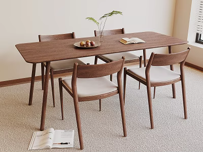 Rectangular Wooden Dining Table With Four Upholstered Chairs Fruit Plate Open Book And Green Plant 3d model