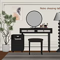 Retro Dressing Table Interior With Round Mirror Drawers Stool And Floor Lamp 3d model
