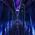 Futuristic Elevator Hallway With Blue Purple Lighting Mirrored Surfaces And Modern Design