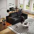 Black Two Seater Sofa In Living Room With Floor Lamp Geometric Rug And Coffee Table