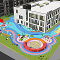 Colorful Ground With White Building Chinese Flag And Children Playground Facilities Near Lawn