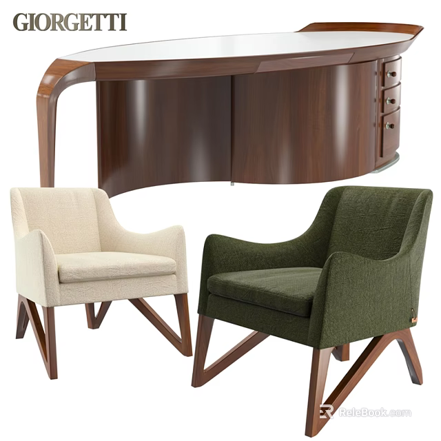 Modern Wooden Desk and Chair Set with Curved Design Two Upholstered Beige and Green Chairs 3d model 