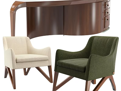 Modern Wooden Desk and Chair Set with Curved Design Two Upholstered Beige and Green Chairs 3d model