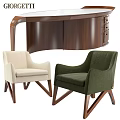 Modern Wooden Desk and Chair Set with Curved Design Two Upholstered Beige and Green Chairs