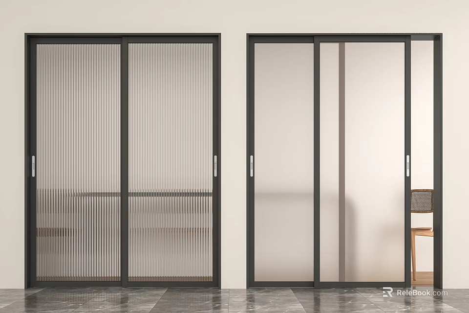 Modern Sliding Doors With Black Frame Ribbed And Frosted Glass Interior Design 3d model 