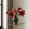 Black Vase With Red Lilies On Glass Table By Window With Curtains