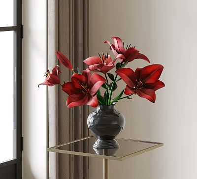 Black Vase With Red Lilies On Glass Table By Window With Curtains 3d model