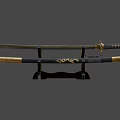 Traditional Samurai Sword With Decorative Scabbard And Gold Accents On Wooden Stand