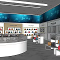 Specialty Retail Store Interior Featuring Curved Display Counters Digital Screens Product Shelves And Blue Walls