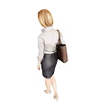 Woman In Gray Shirt And Dark Blue Skirt Carrying Brown Bag Standing
