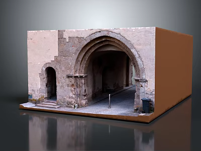 Cartoon Scene Of Ancient Building Model With Arched Doorway Stone Structure Steps And Brown Base 3d model