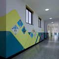 School Corridor Featuring Colorful Murals Wavy Decorations Blackboard Wall Hand Drawn Patterns and Windows 3d model