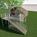 Outdoor Treehouse Structure With Large Tree Green Lawn White Railing And Spiral Slide