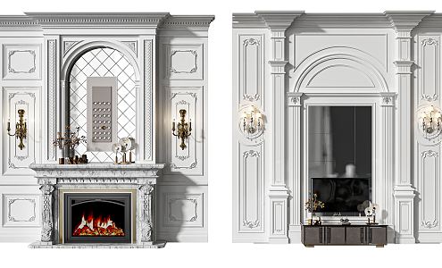 European-style background wall fireplace background wall carved parapet combination 3d model