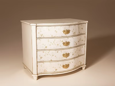 Decorative Cabinet With White Base Golden Handles Floral Patterns And Curved Front Design 3d model