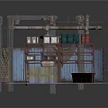 Industrial Workspace Equipment With Metal Structure Shelves Green Canisters Yellow Container And Bins