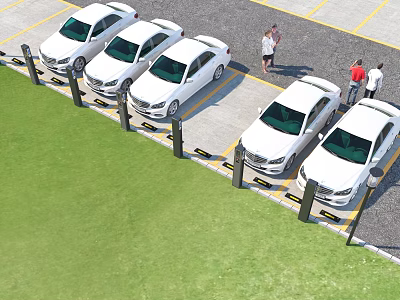 White Cars Parked In Parking Lot With Yellow Lines Green Grass And People 3d model