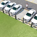 White Cars Parked In Parking Lot With Yellow Lines Green Grass And People