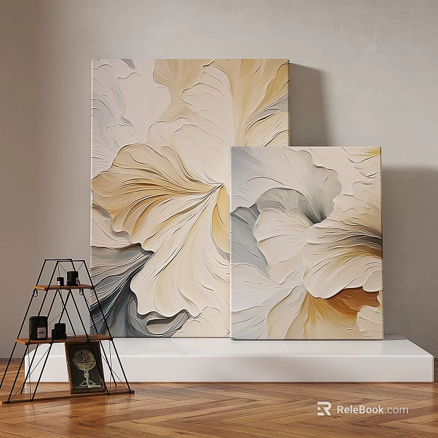 Two Panel Abstract Wall Art With Beige Gold Gray Textured Floral Leaf Design 3d model