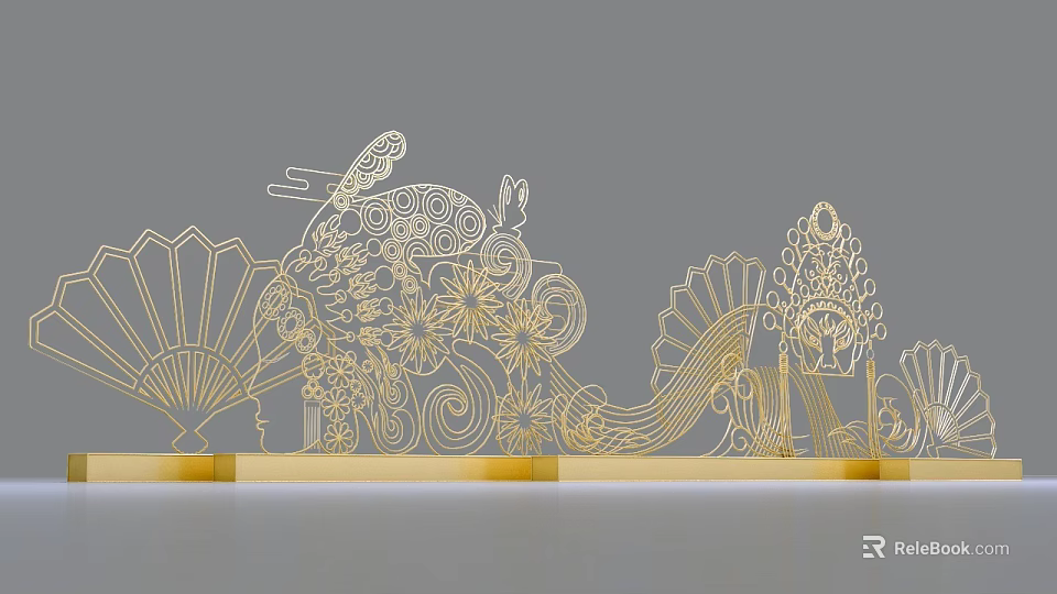 Golden Laser Cut Traditional Decorative Ornament With Fan Flower And Wave Patterns 3d model 