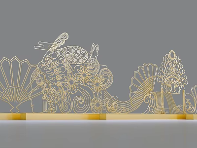 Golden Laser Cut Traditional Decorative Ornament With Fan Flower And Wave Patterns 3d model