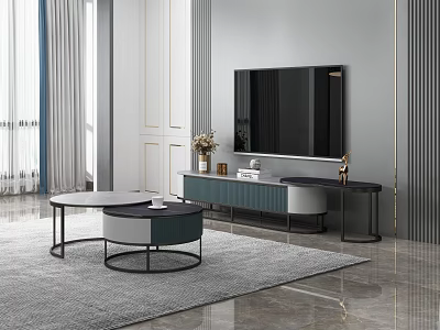 Elegant Modern TV Stand With Wall Mounted TV Decorative Vase Coffee Tables And Rug 3d model