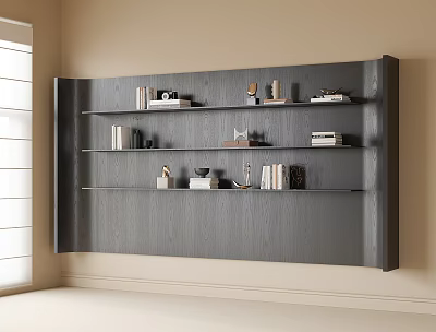 Modern Gray Wall Mounted Bookshelf With Multiple Shelves Books And Decorations 3d model