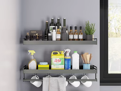 Organized Kitchen Spice Bottles Storage On Wall Mounted Shelves With Herbs 3d model