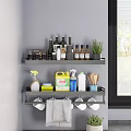 Organized Kitchen Spice Bottles Storage On Wall Mounted Shelves With Herbs