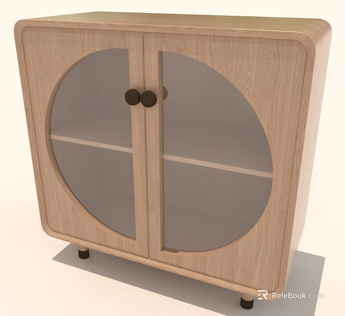 Wooden Cabinet With Two Doors Round Glass Panels And Round Knobs On Short Legs 3d model 