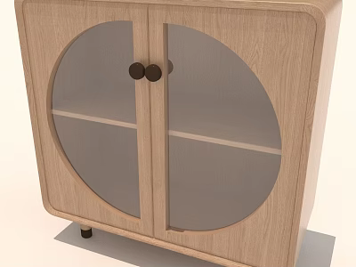 Wooden Cabinet With Two Doors Round Glass Panels And Round Knobs On Short Legs 3d model