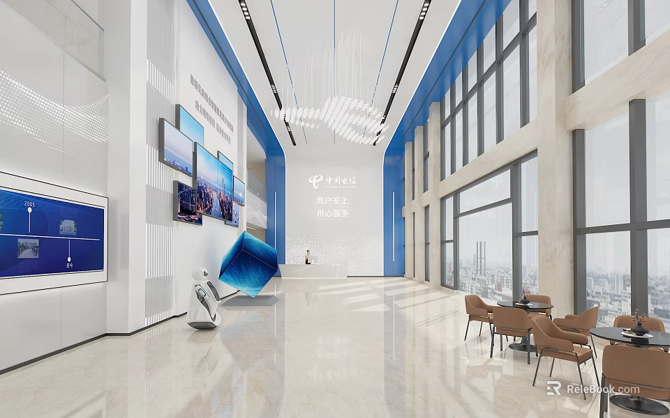 Modern Front Desk Reception Area With Stylish Counter Waiting Seats And Large Windows Design 3d model 