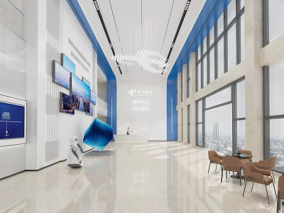 Modern Front Desk Reception Area With Stylish Counter Waiting Seats And Large Windows Design 3d model