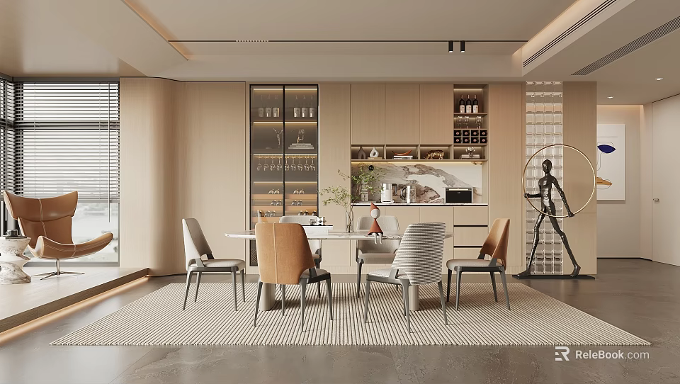 Modern Open Concept Restaurant Interior Featuring Dining Table And Comfortable Chairs 3d model