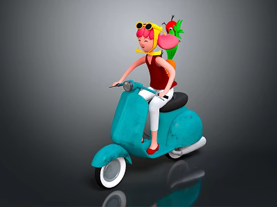 Cartoon Character Riding Blue Scooter With Pink Creature Red Top And Yellow Hat 3d model