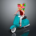 Cartoon Character Riding Blue Scooter With Pink Creature Red Top And Yellow Hat