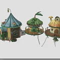 Three fairy-tale style treehouses with various roofs wooden stairs and vine decorations