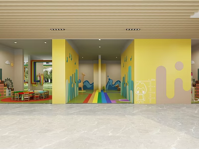 Bright Kindergarten Indoor Design With Yellow Walls Colorful Decorations Rainbow Floor And Children's Furniture 3d model