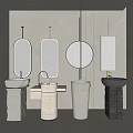 Contemporary Bathroom Interior With Multiple Stone Washbasins And Round Mirrors Design 3d model